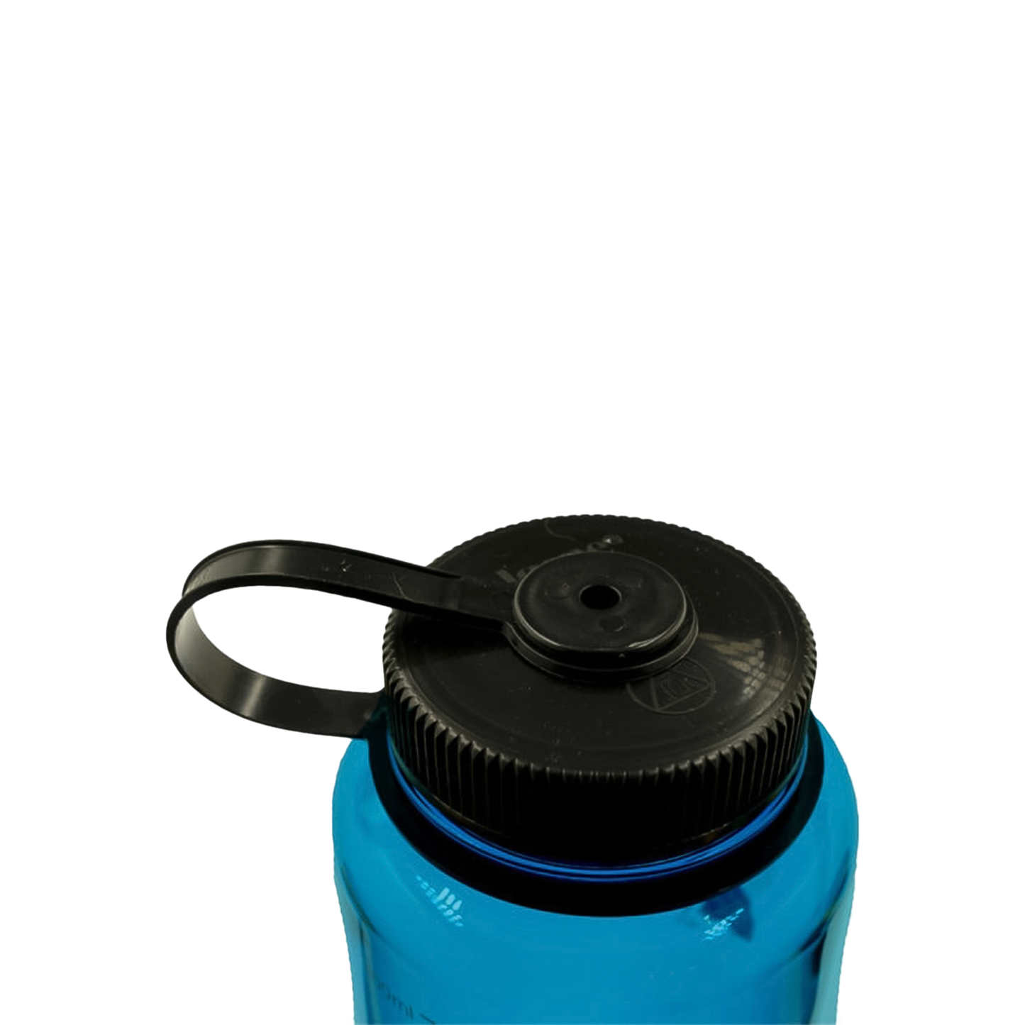 Close-up of blue 48oz Nalgene bottle cap with black lid, made from recycled plastic, suitable for hiking and daily hydration needs.
