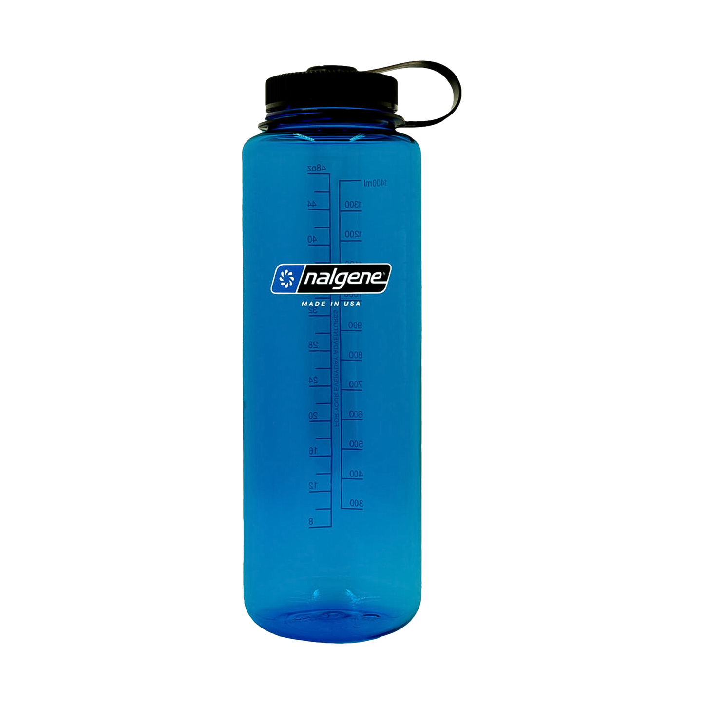 Blue Nalgene 48oz water bottle with black lid, made from recycled plastic, designed for outdoor use and eco-friendly hydration.