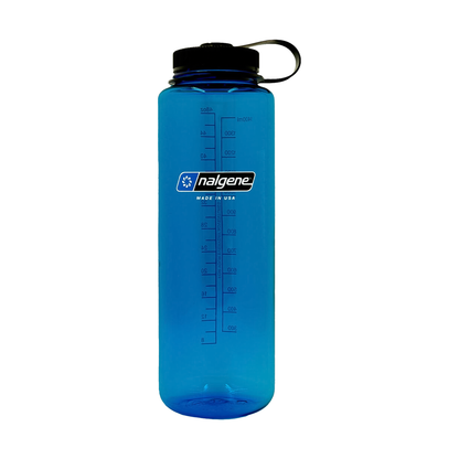 Blue Nalgene 48oz water bottle with black lid, made from recycled plastic, designed for outdoor use and eco-friendly hydration.