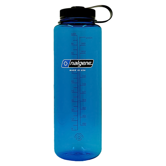Blue Nalgene 48oz water bottle with a black lid, made from 50% recycled plastic, designed for durability and eco-friendliness.