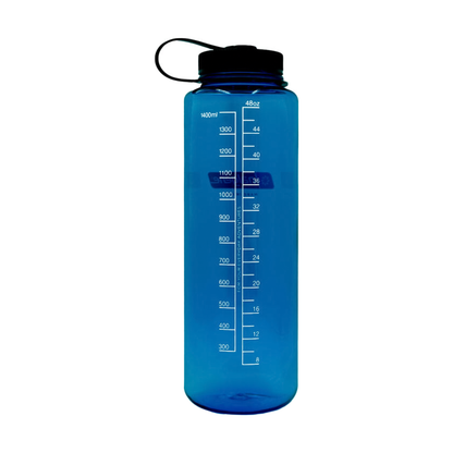 Blue Nalgene 48oz Sustain Silo Bottle with black lid, designed for leak-proof hydration, made from BPA-free recycled plastic.