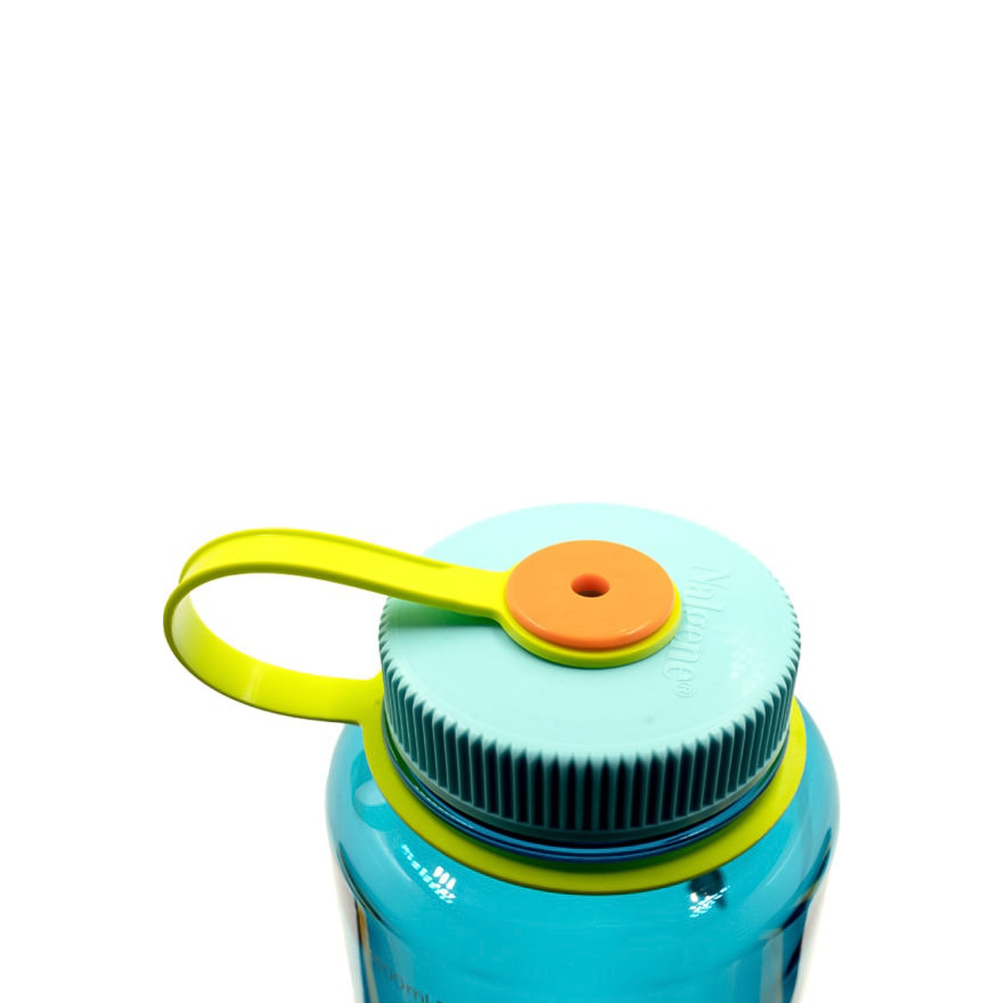 Aqua blue Nalgene 48oz water bottle cap with yellow green and orange handle, showcasing its eco-friendly design and wide mouth opening.