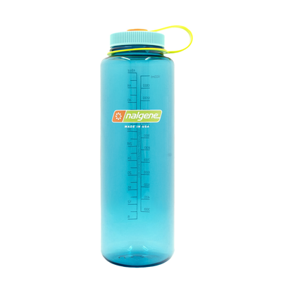 Aqua blue Nalgene 48oz water bottle made from recycled plastic, designed for durability and eco-friendly hydration.
