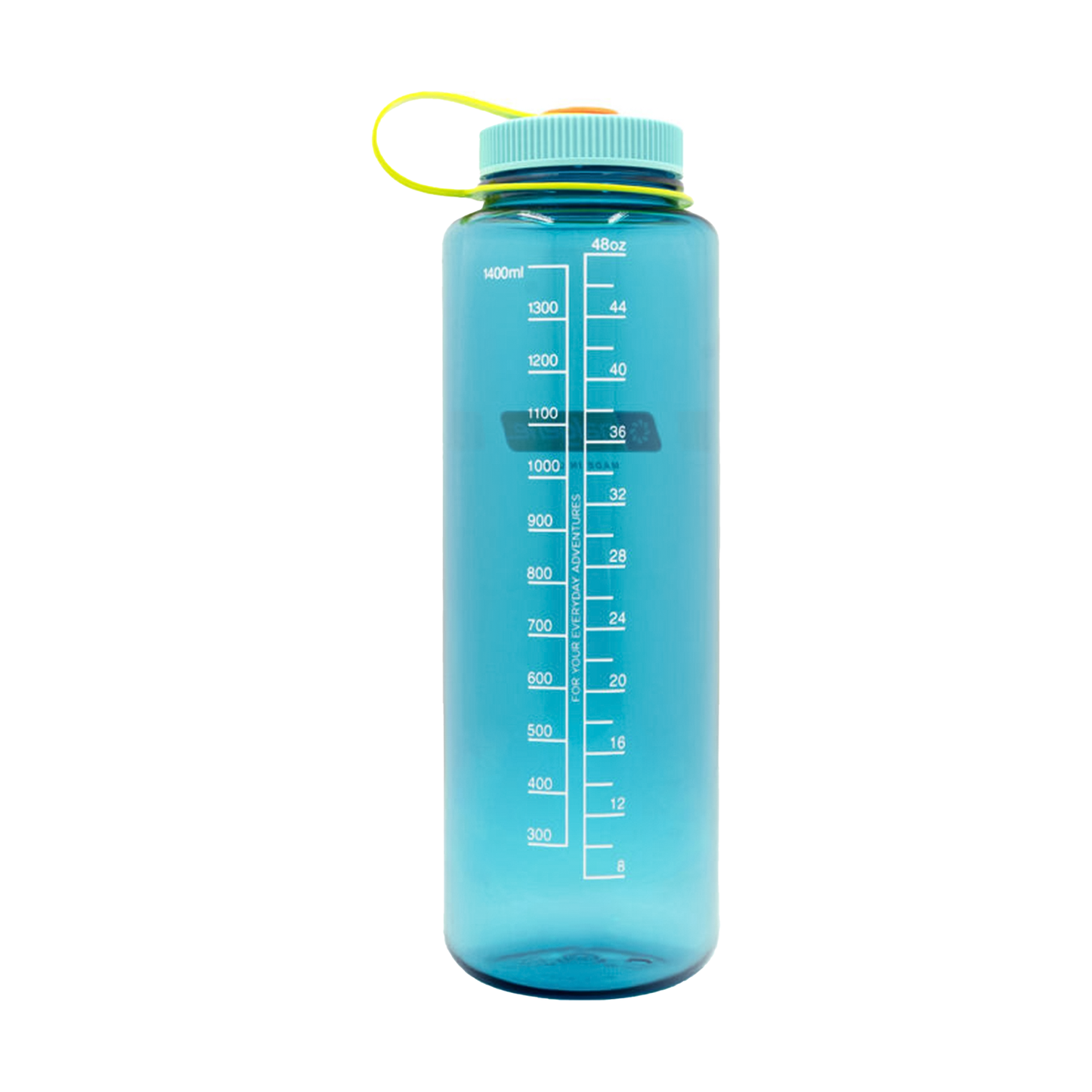 Aqua blue Nalgene 48oz water bottle with blue lid, made from 50% recycled plastic, designed for rugged outdoor conditions and hydration.