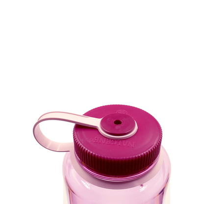 Dark pink Nalgene 48oz water bottle cap with light pink handle showcasing its eco-friendly design and wide mouth for easy filling.