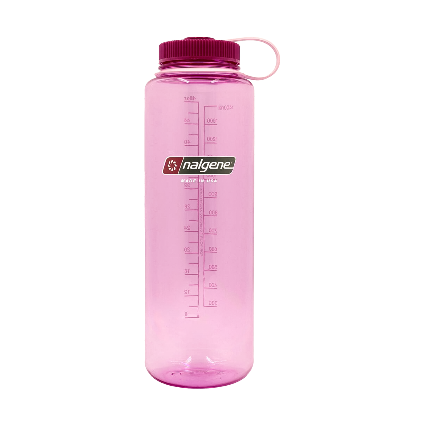 Nalgene 48oz water bottle in pink made from recycled plastic, designed for durability and eco-friendly hydration.