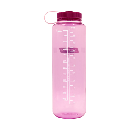 Nalgene 48oz water bottle in pink featuring a leak-proof design and wide mouth for ice and infusions, made sustainably.