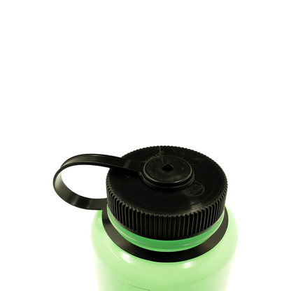 Close-up of durable glow green Nalgene 48oz bottle cap with a black handle designed for rugged use, featuring a wide mouth and leak-proof seal.