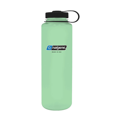 Eco-friendly glow in the dark Nalgene 48oz bottle featuring a black lid and cap, ideal for outdoor activities and hydration needs.