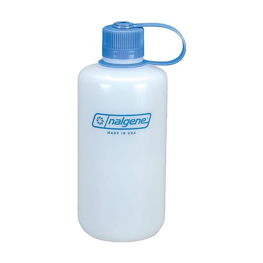 Nalgene 32 oz water bottle with a blue lid, designed for hikers, lightweight, leakproof, and BPA-free.