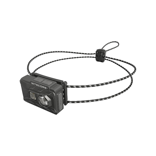 Compact black Nitecore NU20 headlamp with cord, 360 lumens, adjustable settings, and USB-C charging.