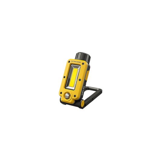 The Nitecore NWL20 work light features a yellow light on a black stand, perfect for workspaces and outdoor use.