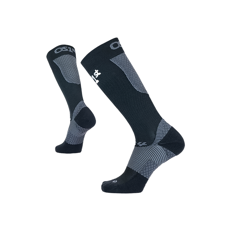 Black and grey OS1st FS4+ compression bracing socks designed for support and improved blood flow during activities.