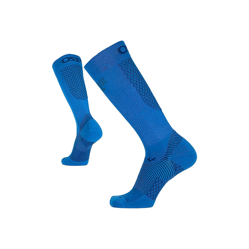 Blue OS1st FS4+ compression bracing socks displayed on a white background, designed for foot and lower leg support.