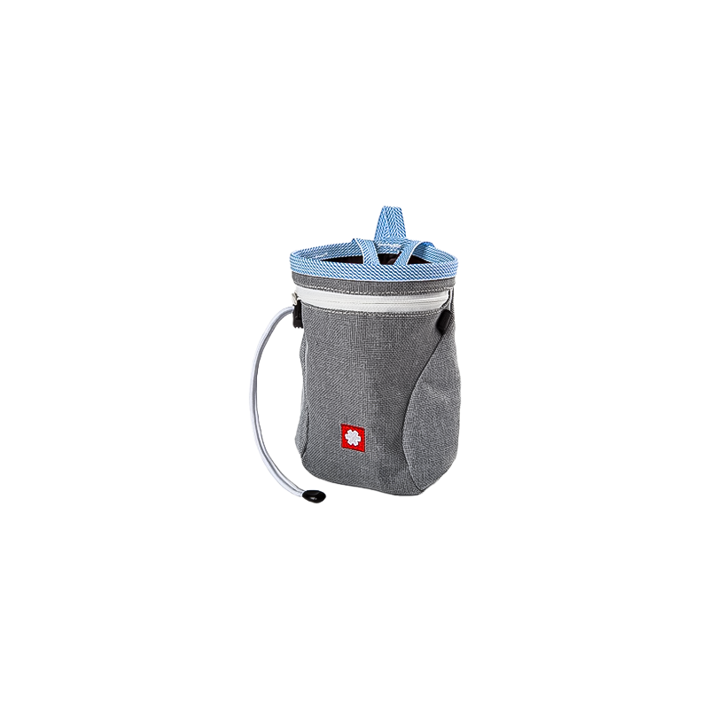 Small grey and blue chalk bag with a handle for easy carrying.