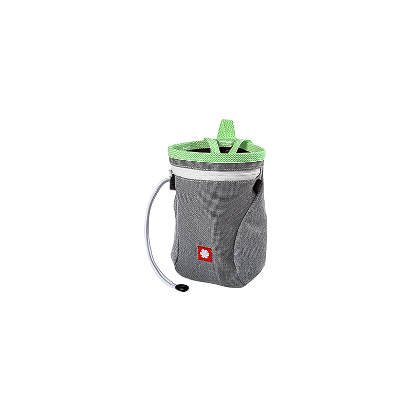 Eco-friendly grey and green chalk bag with a handle for climbers.