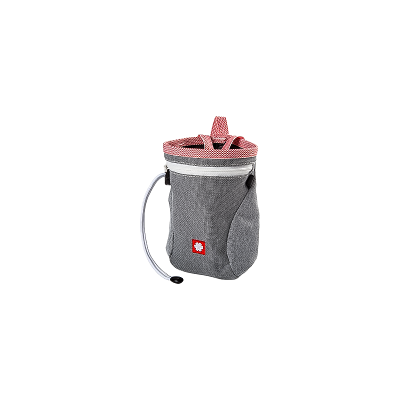 Eco-friendly grey and red chalk bag with a handle for easy carrying.