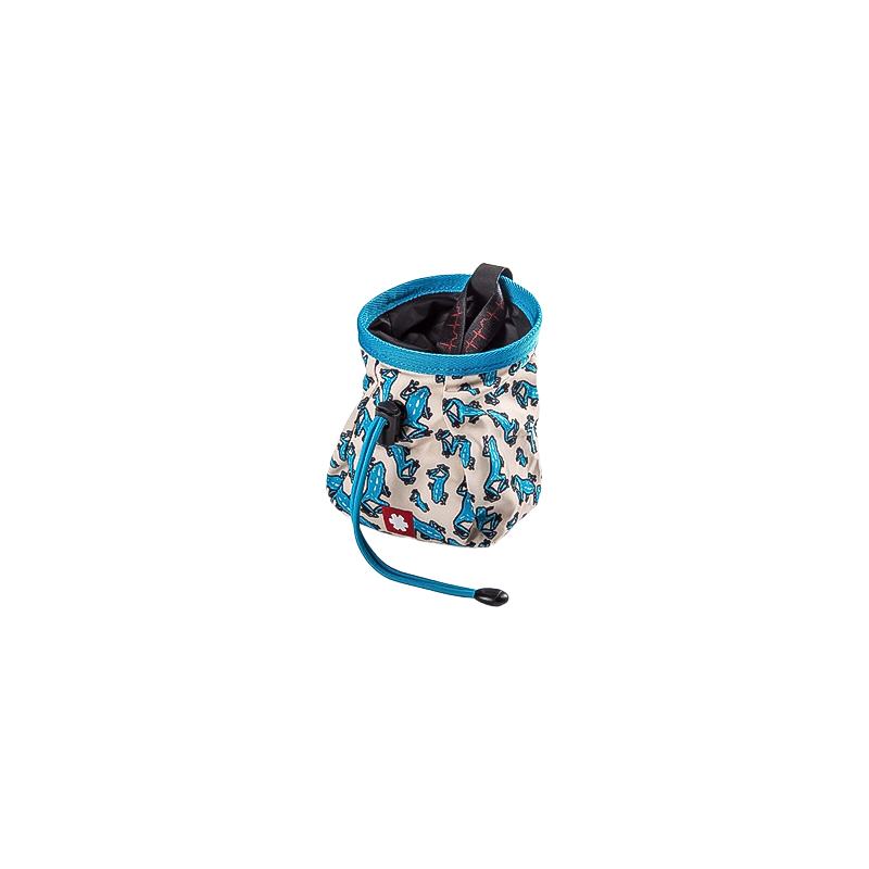 Kid-friendly blue and white chalk bag with a blue frog design for easy chalk access.