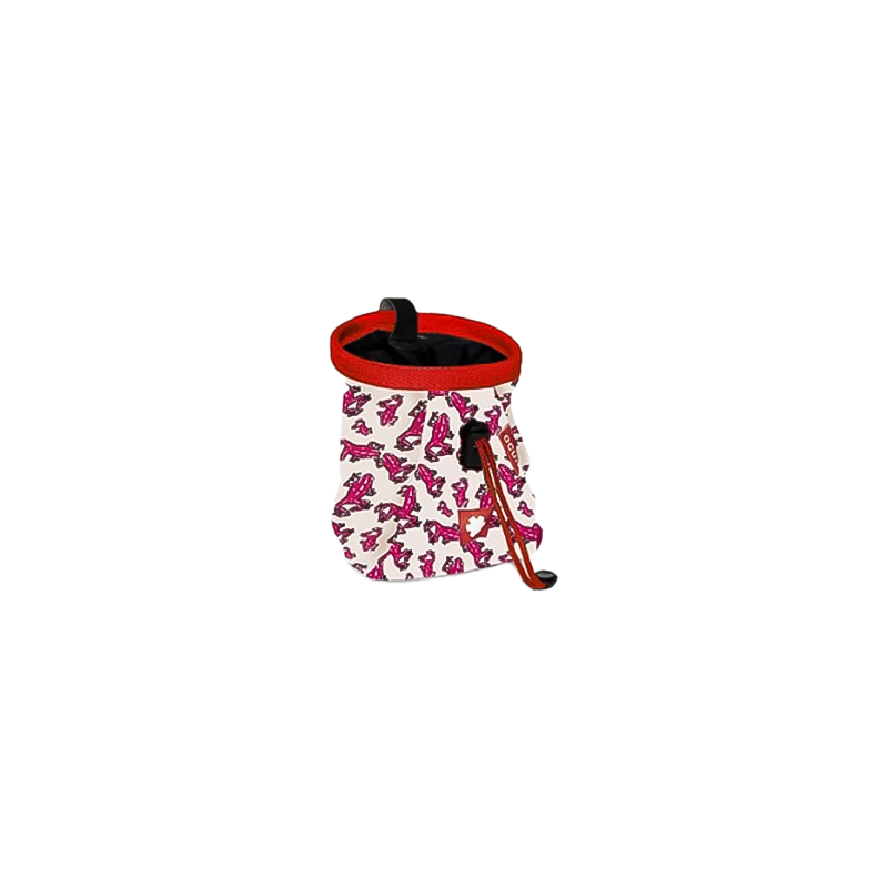 Colorful red and white chalk bag for kids with pink frogs patterns, designed with a brush holder and belt for climbing.