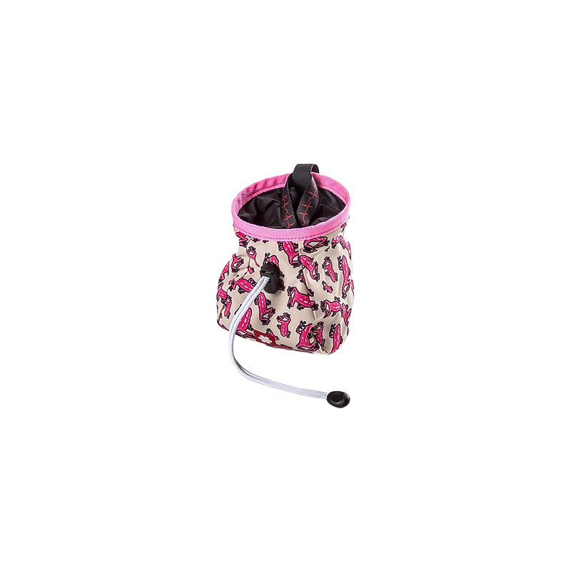 Pink frog print chalk bag with a handle, designed for young climbers to easily access chalk during climbs.