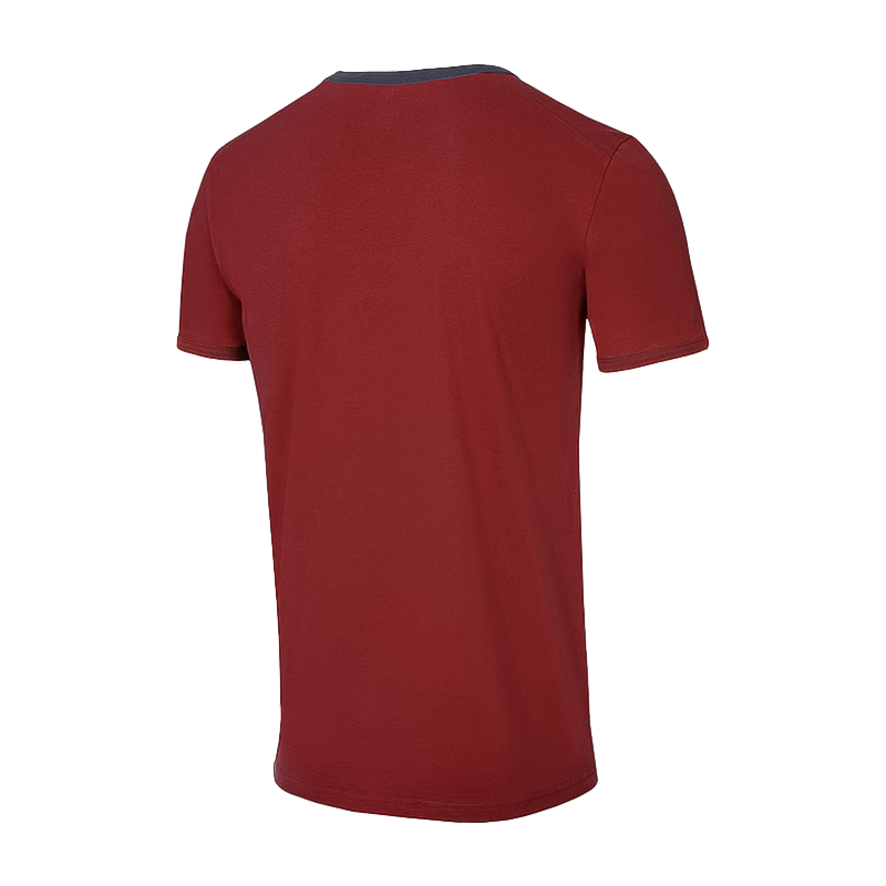 Back view of an Ocun lightweight red t-shirt, made from organic cotton for outdoor comfort.