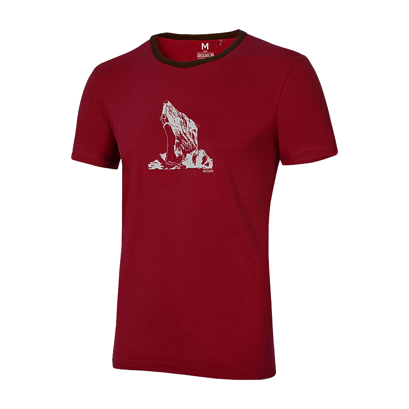 Red organic cotton t-shirt with a white wolf graphic, ideal for climbers.