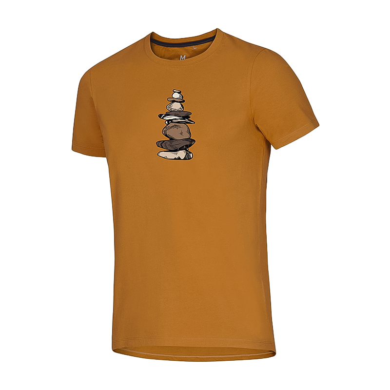 Lightweight 100% cotton brown t-shirt featuring a stones design, great for climbers and casual outings.