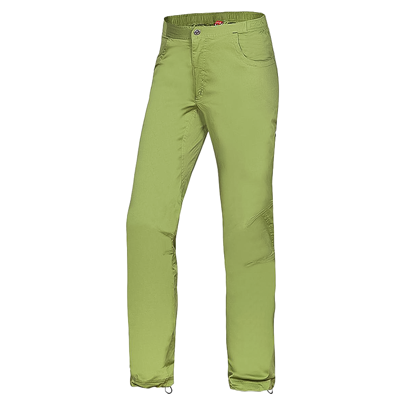Men's green climbing pants with functional pockets for comfort on the slopes.