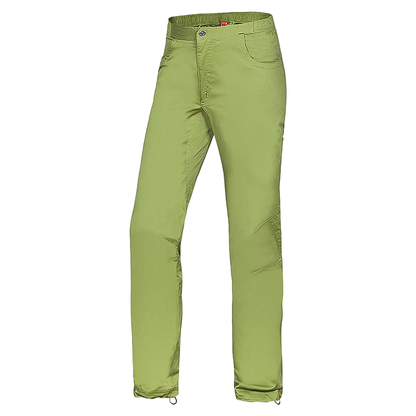 Men's green climbing pants with functional pockets for comfort on the slopes.