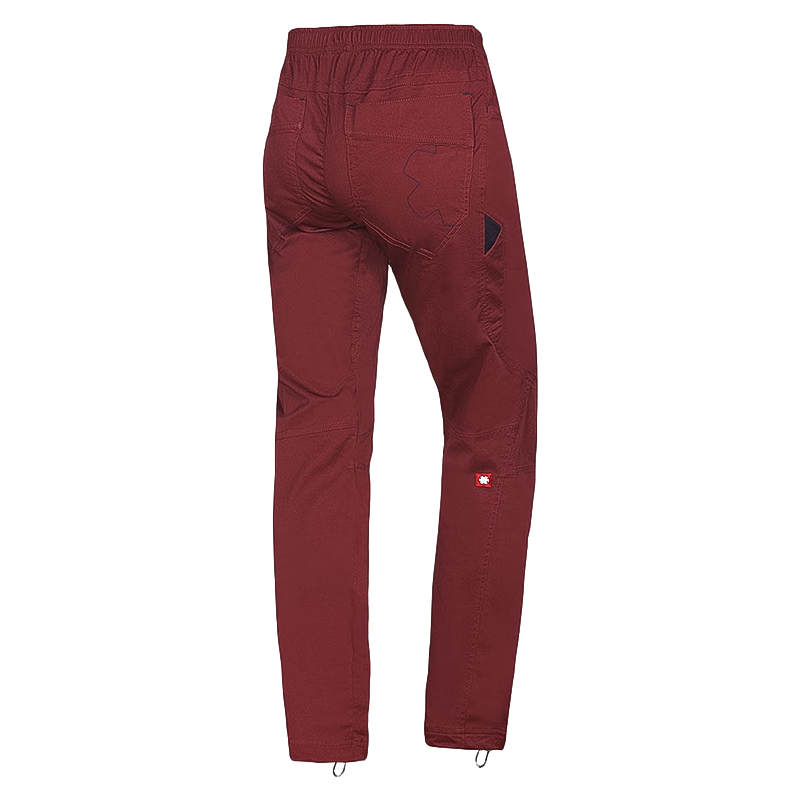 Stretchy maroon men's pants for comfort in climbing and outdoor activities.
