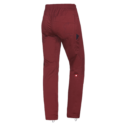Stretchy maroon men's pants for comfort in climbing and outdoor activities.