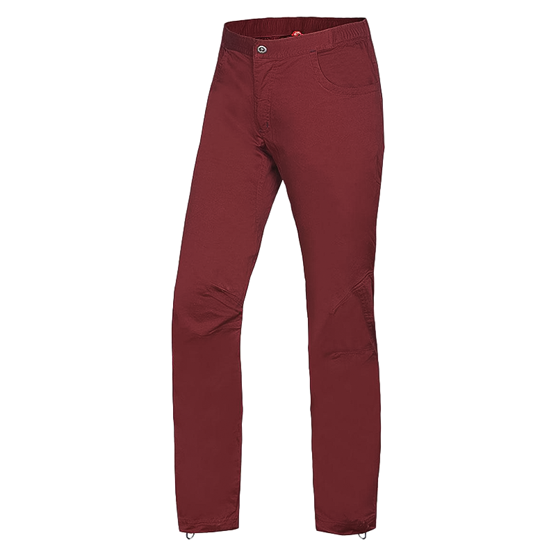 Ocún Men's Drago Organic Pants in red, featuring eco-friendly materials and ergonomic design for climbing.