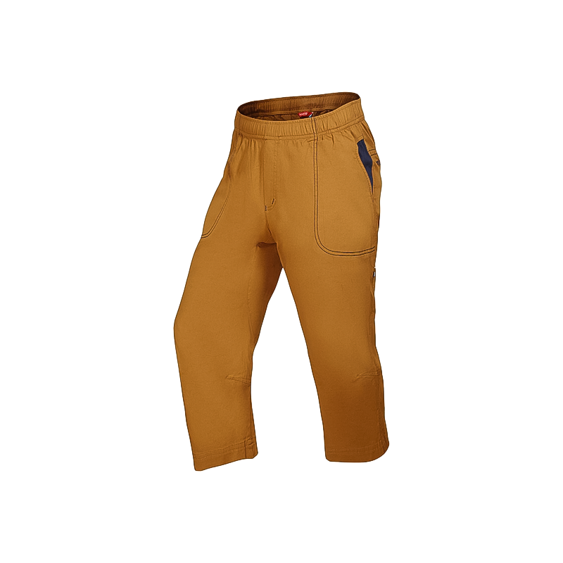Light brown 3/4 climbing pants in breathable cotton-elastane with deep pockets and elastic waistband.