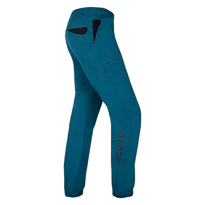 Blue men's active pants with ergonomic design and pockets.