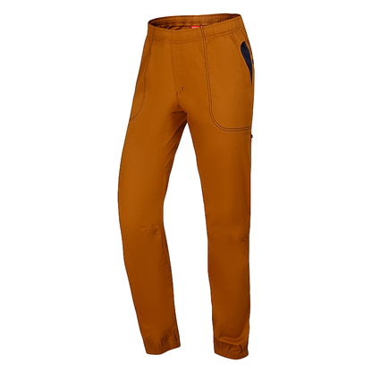 Soft, lightweight brown men's climbing pants with an ergonomic fit, breathable fabric, and multiple pockets.