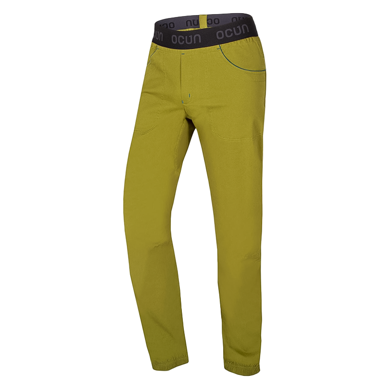 Green men's hiking pants made from breathable, flexible fabric, featuring three pockets and ergonomic design for comfort and mobility.