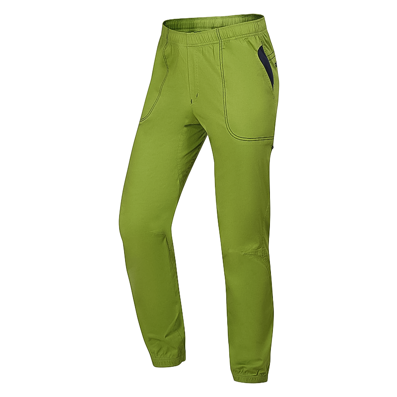 Green climbing pants with black accents and multiple pockets for climbing gear.