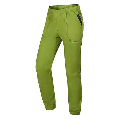 Green climbing pants with black accents and multiple pockets for climbing gear.