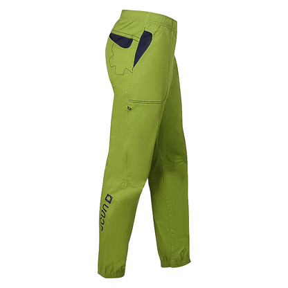 Green climbing pants with black accents, designed for comfort and mobility, featuring pockets and brush loops.