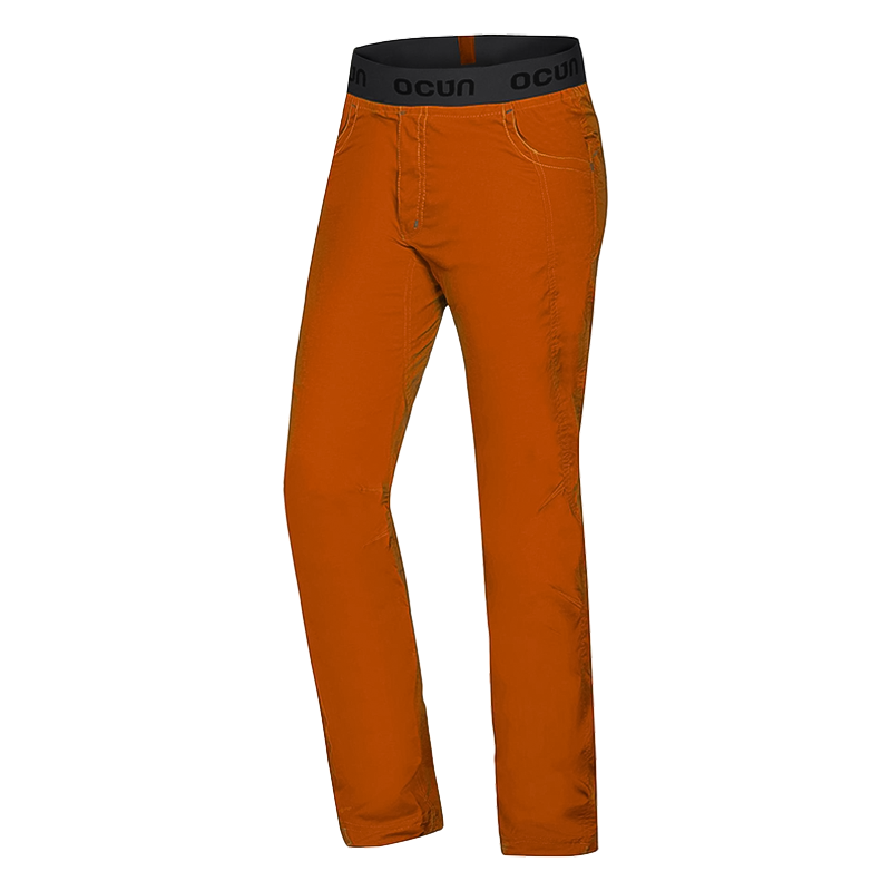 Orange and black Ocún Men's Mánia Eco Pants, designed for climbing with comfort, flexibility, and eco-friendly materials.