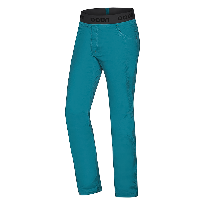 Lightweight and breathable Ocún Men's Mánia Eco Pants in teal designed for comfort and flexibility in any activities.
