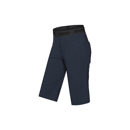 Dark blue mountain bike shorts designed for comfort and flexibility, made from eco-friendly materials.
