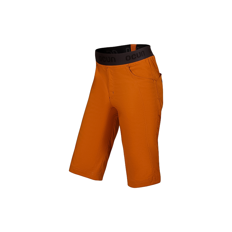 Orange and black men's mountain shorts, designed for comfort, flexibility, and made from 55% recycled materials.
