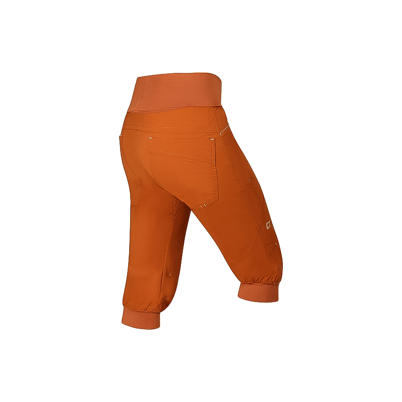 Lightweight women's brown climbing shorts with a side zipper and ergonomic design.