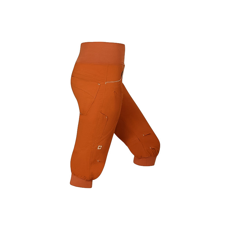 Brown 3/4 length women's climbing shorts with a side zipper, made from sustainable fabric.