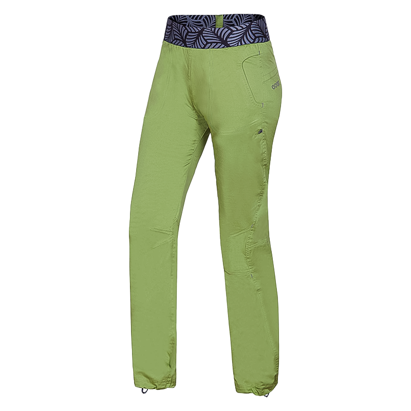 Lightweight green women's hiking pants with a zipper pocket, made from organic cotton for comfort and eco-friendliness.