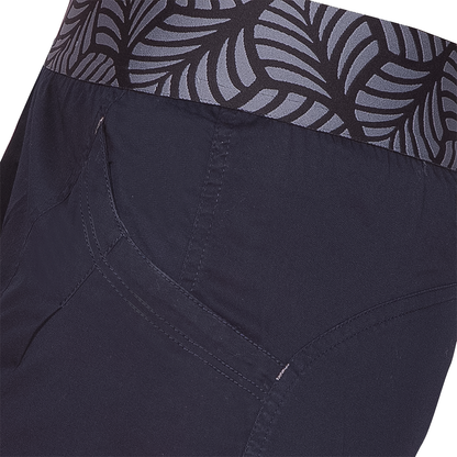 Lightweight women's navy climbing shorts with an elastic waistband for warm weather.