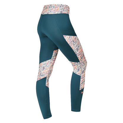 Lightweight, patterned women's climbing leggings in teal with an ergonomic cut and waist pocket.