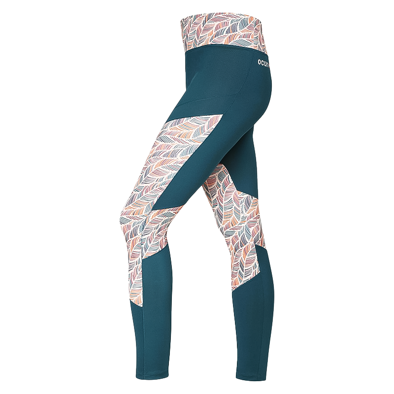 Teal Ocún women's climbing leggings with a unique pattern, featuring comfort, flexibility, and a waist pocket.
