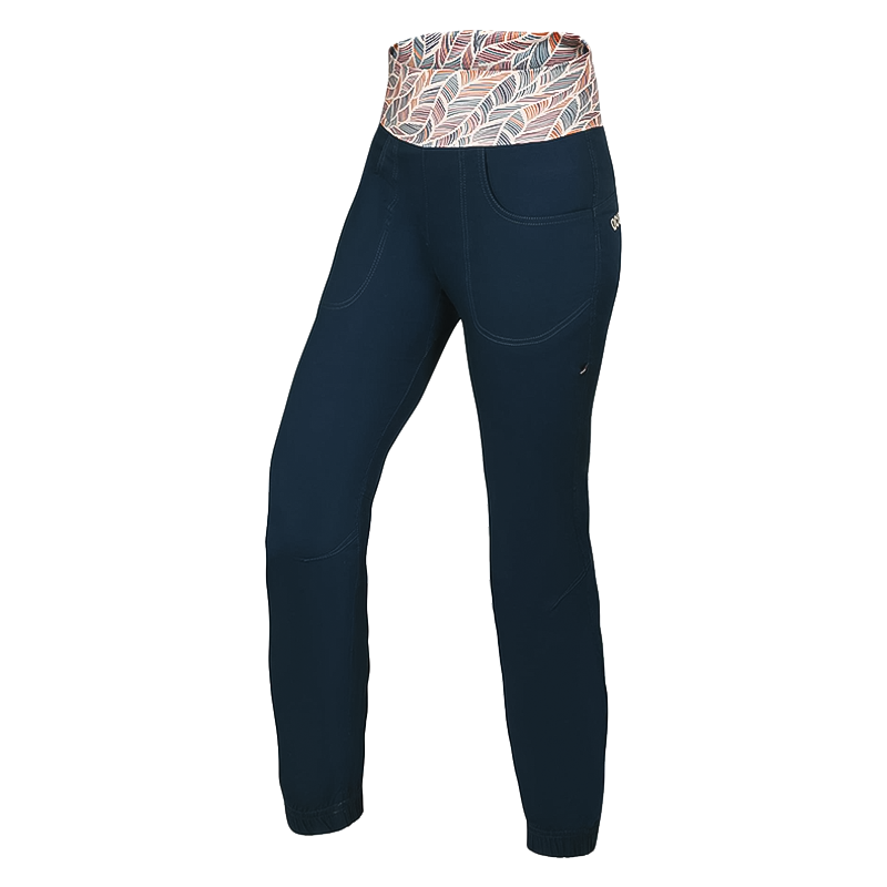 Trendy blue and patterned women's running pants for comfort and ease in outdoor activities.